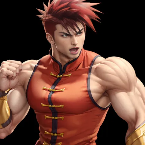 ((best quality)), ((masterpiece)), ((realistic)), (detailed), 
<lora:Yang_lee:0.8> ylee, (( chinese shirt, red shirt,)) sleeveless, spiked hair, muscled arms, yellow wristbands, 
 mkvspose, vs, (fighting stance), open mouth, medium shot, (facing away), tra...