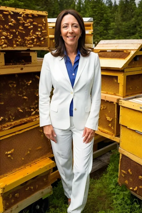 maria cantwell <lora:senate_094_maria_cantwell:0.65> , face closeup, face focus, shirt, formal, suit, collared shirt, white shirt, jacket,
Wearing a beekeeper suit, standing in an apiary with bee hives around, holding a giant honeycomb, "Honey Pot Funds",
...