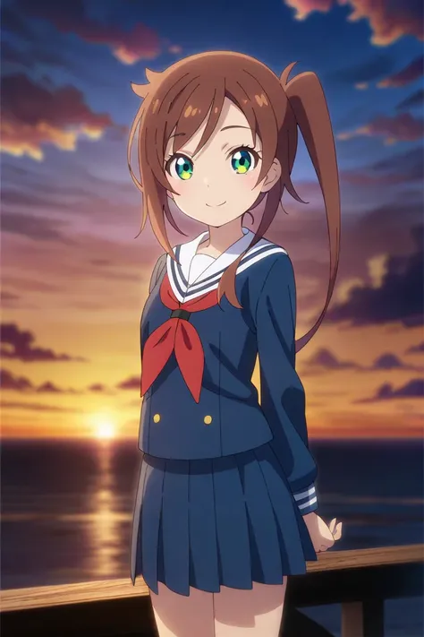 chikura shizuru,1girl, solo, skirt, red neckerchief, green eyes, pleated skirt, school uniform, brown hair, closed mouth, blue skirt, outdoors, neckerchief, sailor collar, white sailor collar, shirt, serafuku, smile, long hair, looking at viewer, long slee...