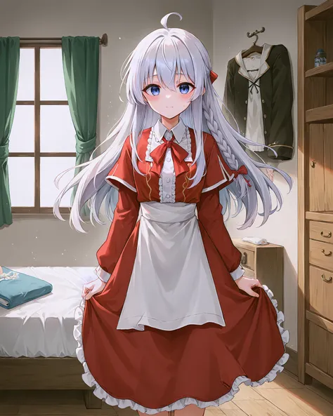 <lora:Majo_Elaina_XL:0.7> elaina, blue eyes, white hair, hair between eyes, long hair, bangs, ahoge, braid, single braid, hair bow, pink bow, ribbon, hair ribbon, red ribbon, sidelocks, shirt, white shirt, collared shirt, wing collar, long sleeves, capelet...