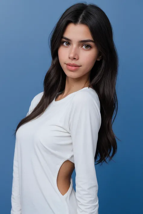 photo of a 0ER0_Darla_Claire woman, wearing a long sleeve shirt, blue background, RAW photo, 8k UHD, soft lighting, high quality, film grain, Fujifilm XT3, 16mm, color graded portra 400 film, remarkable color, remarkable detailed pupils