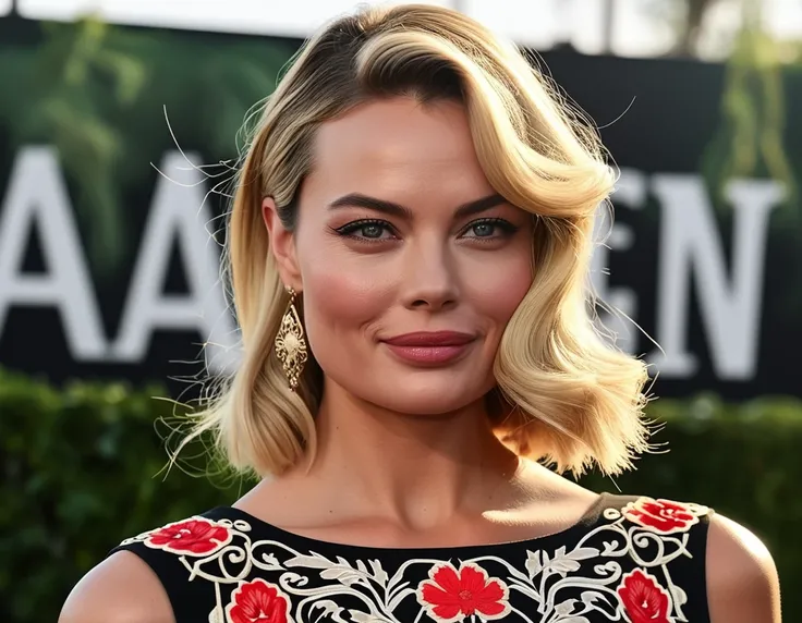 Actress Margot Robbie attends the premiere of Warner Bros. Pictures The Legend Of Tarzan held at the Dolby Theater on June 27, 2016 in Hollywood, California. A woman with blonde hair is posing for a picture, her hair blowing in the wind, wearing a black dr...