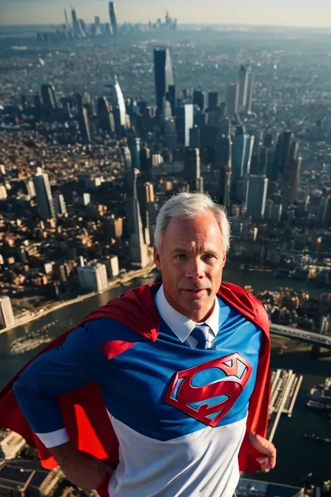 ron johnson <lora:senate_097_ron_johnson:0.65> , face closeup, face focus, shirt, formal, suit, collared shirt, white shirt, jacket,
Wearing a superhero costume with a giant "S" on the chest, flying above a city skyline with a cape flowing behind them,
bes...