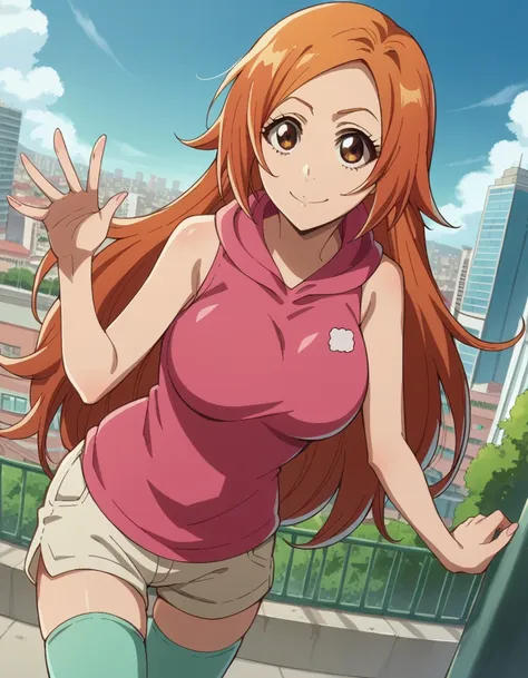 score_9, score_8_up, score_7_up, source_anime,
inoueorihime, <lora:inoue-orihime-tybw-ponyxl-lora-nochekaiser:1>,
inoue orihime, long hair, orange hair, brown eyes,
thighhighs, shorts, sleeveless, hood, hoodie, pink hoodie,
outdoors, cityscape, bent over, ...