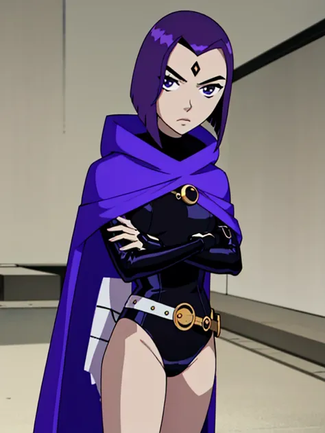 raventt, 1girl, solo, grey skin, cape, purple hair, purple eyes, forehead jewel, short hair, leotard, looking at viewer, belt,upper body,looking at viewer, arms crossed arms, standing,  <lora:RavenTeenTitans1.0:0.7>