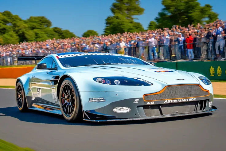 masterpiece, best quality, aston martin, V8 Vantage GT2, 2008, 2009, 2010, 2011, le mans race track, in motion, UHD, HDR, 4k, ray tracing