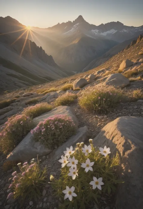 (Natural lighting, photorealistic:1.2) A serene mountain landscape bathed in the soft glow of dawn, with sunlight gently illuminating the rugged peaks and valleys, highlighting the resilience of a lone wildflower clinging to the rocky terrain.