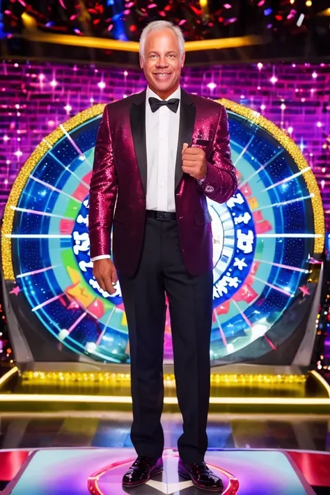 ron johnson <lora:senate_097_ron_johnson:0.65> , face closeup, face focus, shirt, formal, suit, collared shirt, white shirt, jacket,
Dressed in a flashy game show host outfit with a bow tie and sparkly jacket, standing on a game show set, spinning a large ...