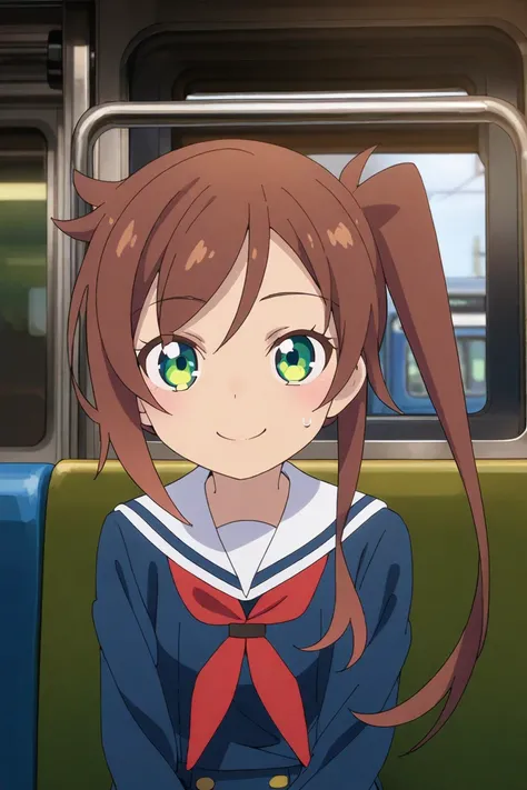 chikura shizuru,1girl, green eyes, solo, brown hair, looking at viewer,pleated skirt,sitting, smile, school uniform, sweatdrop, sailor collar, serafuku, twintails, shirt, bangs, train interior,
 <lora:chikura shizuru A31 e1:0.85>