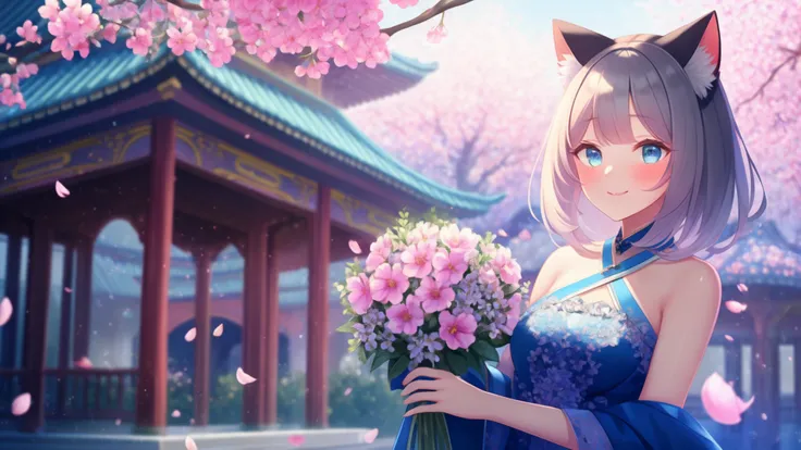 extremely aesthetic, best quality, newest, 1girl, solo, looking at viewer, blush, slight smile, scenery, cherry blossoms, scenery, flowers, petals, vegetation, wind, cat ears, dress, bare shoulders, holding a flower bouquet, shrine, medium breasts,