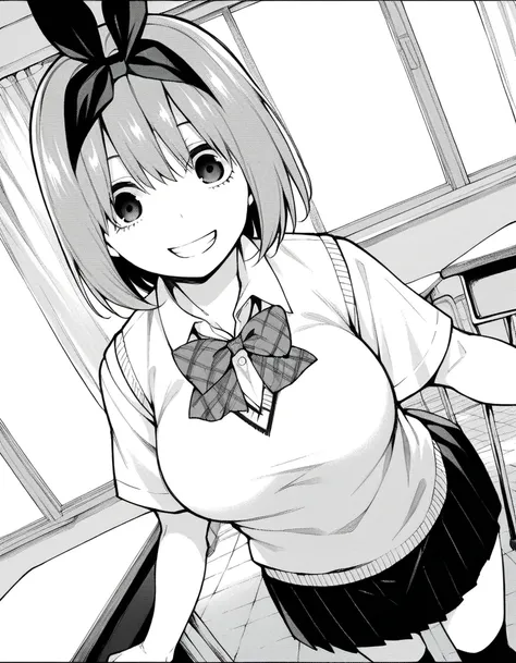 score_9, score_8_up, score_7_up, source_anime,
yotsubanakano, <lora:yotsuba-nakano-manga-ponyxl-lora-nochekaiser:1>,
yotsuba nakano, bangs, short hair, hair between eyes, hair ribbon, hairband, mature female, monochrome, greyscale,
skirt, shirt, bow, ribbo...