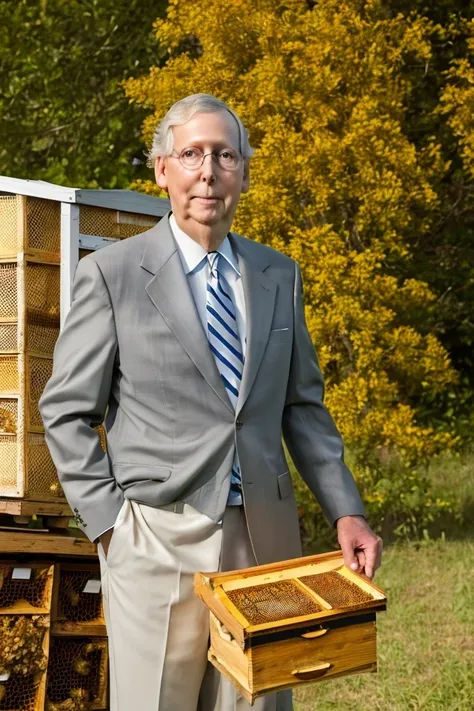 mitch mcconnell <lora:senate_033_mitch_mcconnell:0.65> , face closeup, face focus, shirt, formal, suit, collared shirt, white shirt, jacket,
Wearing a beekeeper suit, standing in an apiary with bee hives around, holding a giant honeycomb, "Honey Pot Funds"...