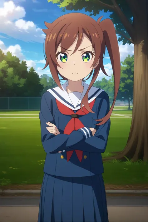 chikura shizuru,1girl, solo, school uniform, skirt, green eyes, outdoors, brown hair, blue skirt, crossed arms, neckerchief, pleated skirt, red neckerchief, serafuku, looking at viewer, day, long hair, long sleeves, tree, sailor collar, side ponytail, blue...