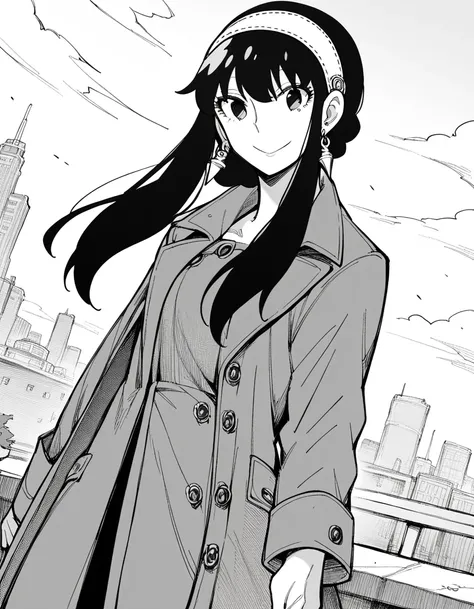 score_9, score_8_up, score_7_up, source_anime,
yorbriar, <lora:yor-briar-manga-ponyxl-lora-nochekaiser:1>,
yor briar, black hair, earrings, white hairband, hairband, long hair, sidelocks, monochrome, greyscale,
coat, trench coat,
outdoors, cityscape, smile...