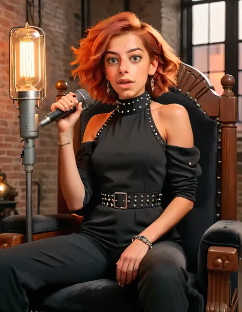 Olivia Lutfallah, a chic woman donning a fitted, high-neckline black jumpsuit adorned with intricate silver studs and oversized chunky jewelry that glistens under the warm glow of exposed lamps, sits regally on a plush velvet-covered throne amidst her indu...