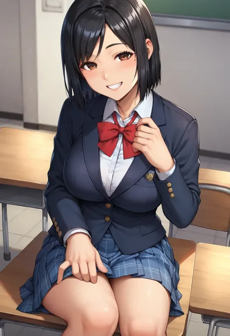 score_9, score_8_up, score_7_up, source_anime,1girl, 
rpkmanaka, short hair, brown eyes, black hair,  mole under eye, mole, <lora:KiryuManaka-PonyV2-000020:0.8>
 large breasts, school uniform, blazer, red ribbon, plaid skirt, smile,