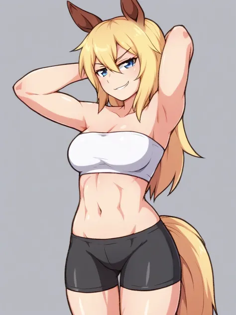 <lora:Shirogane-PonyXL-1024px:0.8>
score_5_up, score_9_up,  
a 1girl horse_girl, athletic, smirk, long blonde hair, horse ears, horse tail, thighs, thigh gap, wearing (bike_shorts, tube top)