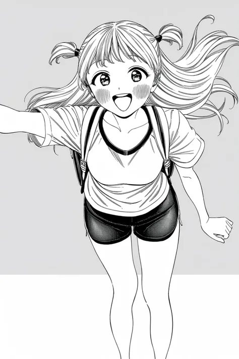 hiro style,white_background,1girl,  monochrome,  solo, backpack, blush, smile, bag, shorts, looking at viewer, shirt, simple background, two side up, long hair, white background, open mouth, short sleeves, floating hair, :d, feet out of frame, collarbone, ...