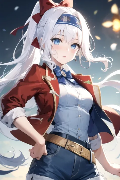 JiraiyaxJean, 1girl, solo, long hair, blue eyes, blue shirt, medium breasts, red jacket, ponytail, white hair, hair bow, blue shorts, belt, pants, red bow, headband, 