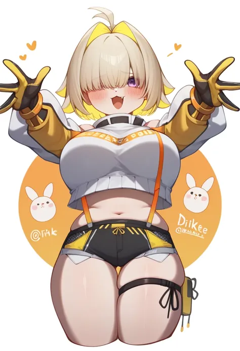 score_9,score_8_up,score_7_up,<lora:elegg_(nikke)_pony:1>,commentary, yellow_background, cropped_sweater, elegg_(nikke), puffy_long_sleeves, yellow_gloves, 1girl, large_breasts, shorts, orange_background, solo, hair_intakes, thigh_strap, suspenders, open_m...