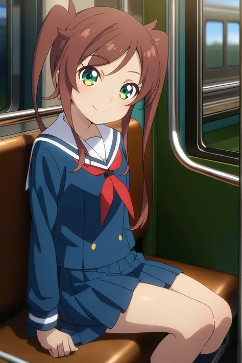 chikura shizuru,1girl, green eyes, solo, brown hair, looking at viewer,pleated skirt,sitting, smile,blue school uniform, sailor collar, serafuku, twintails, shirt, bangs, train interior,
 <lora:chikura shizuru A31 e1:0.85>