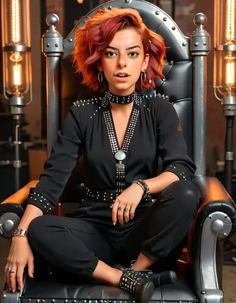 Amidst the industrial-chic loft space, Olivia Lutfallah, a chic woman dressed in her black jumpsuit decorated with intricate silver studs and large pieces of chunky jewelry, sat confidently on the plush throne, her short spiky red hair perfectly styled to ...