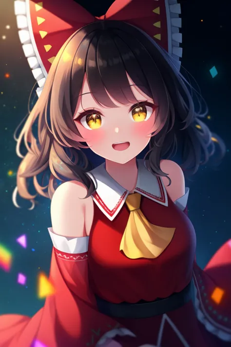 extremely aesthetic, best quality, newest, 1girl, solo, looking at viewer, blush, open mouth, light smile, hakurei reimu, bare shoulders, yellow ascot, bow,