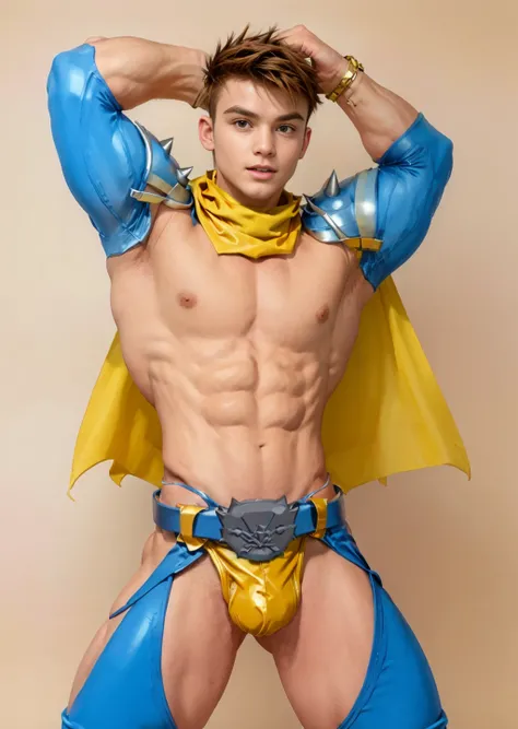 ((best quality)), ((masterpiece)), ((realistic)), (detailed), ((homoerotic))
muscular boy, narrow waist,  Slim waist,
1 boy,  
  ,(japanese boy) ,(japanese), ((teen)), 
CAPJIN, brown hair, spiked hair, yellow scarf, armor shoulders, blue sleeves, golden wr...