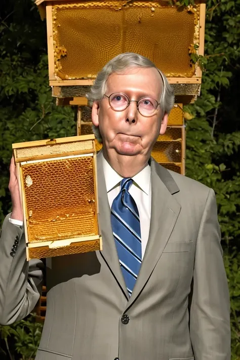 mitch mcconnell <lora:senate_033_mitch_mcconnell:0.65> , face closeup, face focus, shirt, formal, suit, collared shirt, white shirt, jacket,
Wearing a beekeeper suit, standing in an apiary with bee hives around, holding a giant honeycomb, "Honey Pot Funds"...