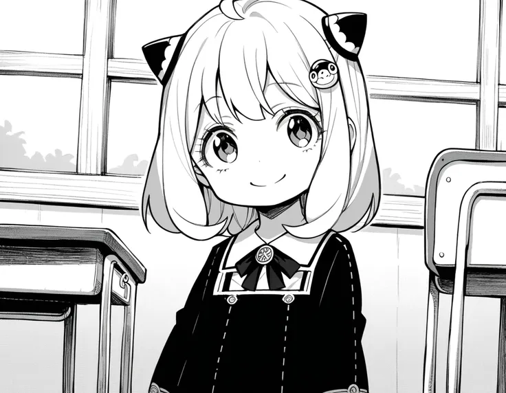 score_9, score_8_up, score_7_up, source_anime,
anyaforger, <lora:anya-forger-manga-ponyxl-lora-nochekaiser:1>,
anya forger, bangs, ahoge, hair ornament, hairpods, child, female child, monochrome, greyscale,
long sleeves, dress, school uniform, socks, black...