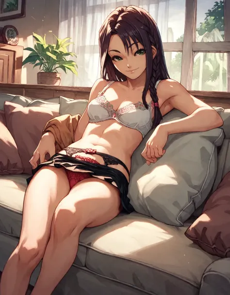 score_9, score_8_up, score_7_up, score_6_up, source_anime, in a living room, reclining on a couch, <lora:mabruma-pxl:1>, mabruma, green eyes, smile, lingerie, braid, microskirt, lace