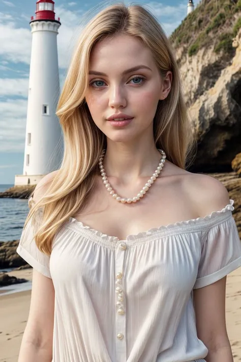 European woman, closeup, (shirt), pants, (beach lighthouse), pearl necklace , ZM_alicia, wide shoulders, perfect face, (contact iris: 1.1), pale skin, skin pores , depth of field