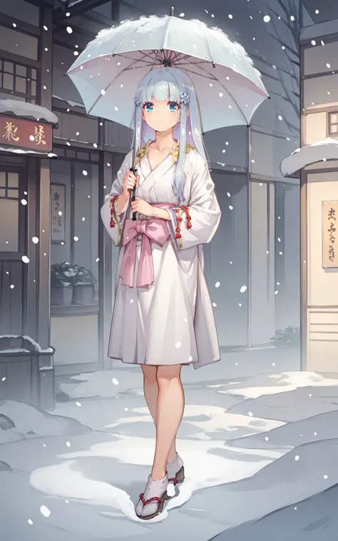 (score_9,score_8_up:1.1),score_7_up,score_6_up,score_5_up,source_anime,1girl,<lora:yuki_onna_pony-000015:0.8>,yuki_formal,hair ornament,snowing,full body,standing,holding umbrella,