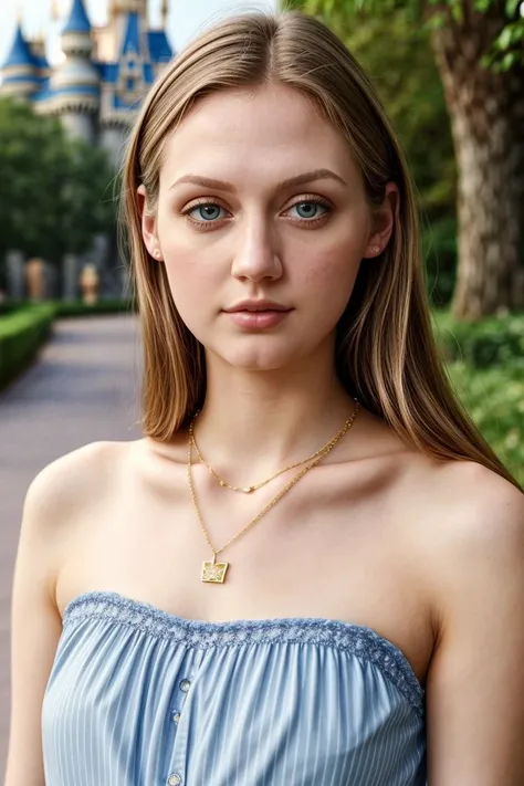 European woman, closeup, (shirt), pants, (disney castle), gold necklace , ZM_angelica, wide shoulders, perfect face, (contact iris: 1.1), pale skin, skin pores , depth of field