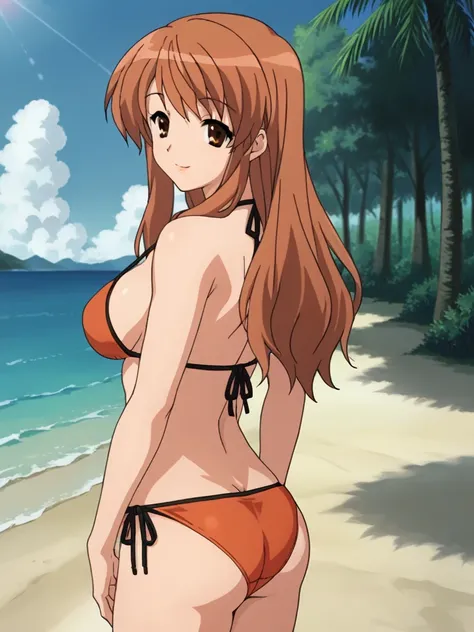 score_9, score_8_up, score_7_up, source_anime, girl, Mikuru, brown eyes, ginger hair color, long hair, big breasts, sexy bikini, <lora:Mikuru_Asahina_SDXL:1>, going forward, looking at viewer, smile, from behind, background beach, sunny weather, masterpiec...