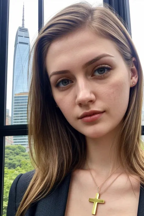 European woman, closeup, (shirt), pants, (skyscraper window), cross necklace , ZM_angelica, wide shoulders, perfect face, (contact iris: 1.1), pale skin, skin pores , depth of field