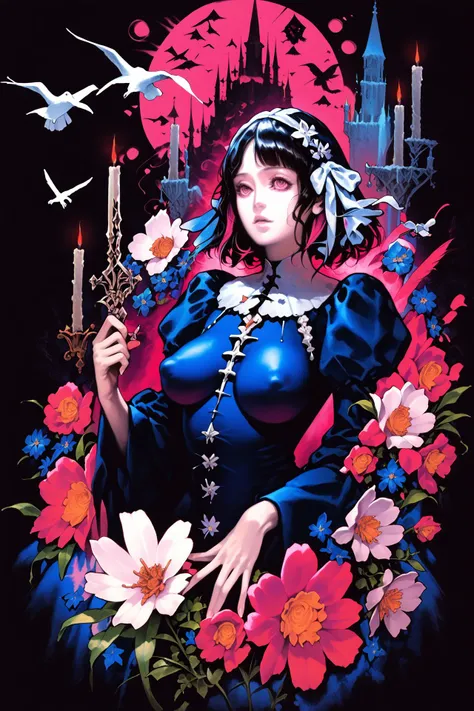 score_9, score_8_up, score_7_up, 1girl, breasts, covered nipples, :q, black hair, medium_hair, pink eyes, feathers, castle, Adams-needle, (flower), blooming flower, skeleton, candle, bird, abstract background, <lora:Kojima_Ayami_PonyXL_style_v01:1>