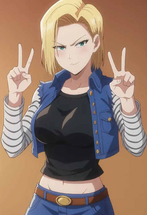 score_9, score_8_up, score_7_up,  source_anime, BREAK, 1girl,solo,  cropped sweater, light smile, v pose, android 18, <lora:BleachTYBWstyle:1>