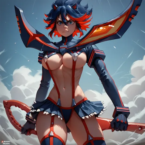 score_9, score_8_up, score_7_up, 1girl, ryuko matoi, large breasts, suspenders, miniskirt, V, <lora:ryuko_matoi:1>, holding weapon