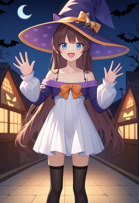 score_9, score_8_up, score_7_up, source_anime, solo, 1girl, longislandspook, happy, looking at viewer, standing, waving, brown hair, purple headwear, witch hat, white dress, off-shoulder dress, orange bow, long sleeves, black thighhighs, bare shoulders, co...