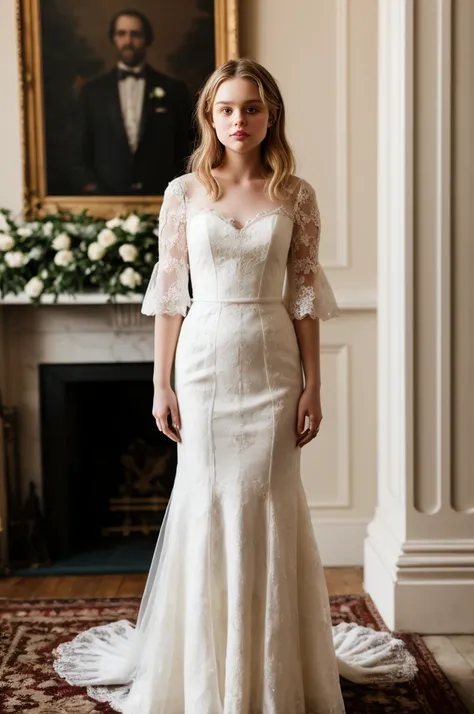 professional photo of  tv_Emily_Alyn_Lind_A, ,  , clever expression, wearing an ornate wedding dress, elegant makeup, pink lips, standing by the altar, ornately detailed glass mosaic in the background, ((full body shot)),, 8k resolution, highres, high deta...