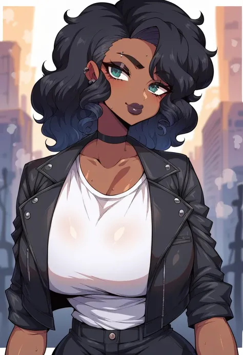 1girl, female, huge breasts, thick thighs, wide hips, dark skin, goth, black hair, long curly hair, leather jacket, city background, upper body, mouth closed, black pants BREAK score_9, score_8_up, score_7_up, score_6_up, source_anime, rating_safe <lora:si...