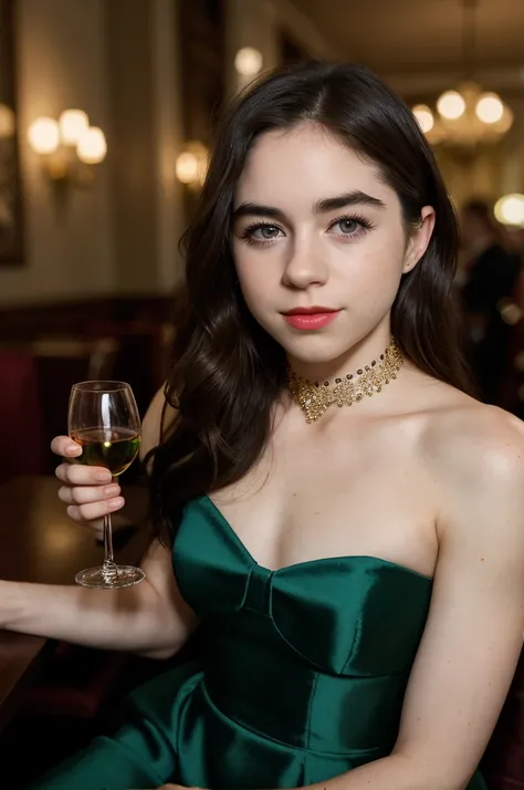 professional photo of  tv_Sarah_Desjardins_A, ,  , flirty expression, wearing a sequin dress, wearing a diamond choker, red lips, dramatic makeup, sitting in a restaurant, holding a glass of wine, medium closeup shot,, 8k resolution, highres, high detail, ...