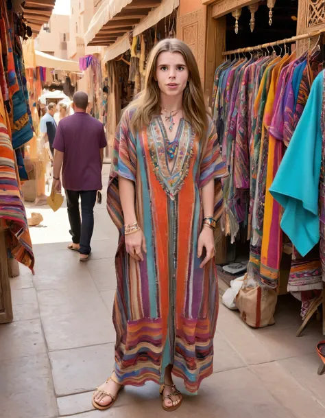 Billie Rae Brandt, clad in a captivating Berber patterned kaftan and accessorized with intricate beaded sandals reflecting Moroccan craftsmanship, stood boldly among the lively souks, navigating through traditional stalls adorned with vibrant textiles as s...