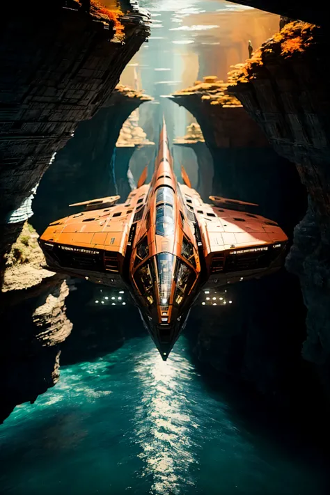 masterpiece, photorealistic highly detailed 8k raw photography, Medium long shot, Advanced Road Sign Orange zzspczz flying above Underwater Caves, cinematic special effects <lora:spacecraft v4.1:1>