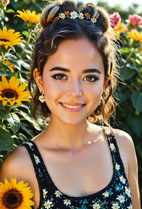 	Maya, wearing tank top, smile, eyeliner, eye shadow, makeup, flowers in hair, 8k, very detailed