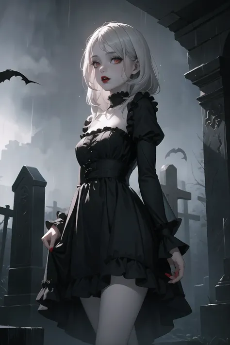 (masterpiece, best quality), 1girl, gray hair, medium chest, gothic frill dress, black dress, pervert face, cemetery, dark atmosphere, rain, fog, pale skin, red lips, red lipstick, cliques, vampire, church, bats