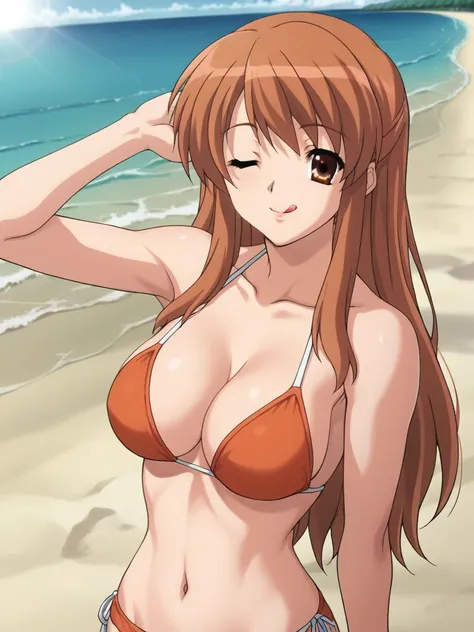 score_9, score_8_up, score_7_up, source_anime, school girl, Mikuru, brown eyes, ginger hair color, long hair, big breasts, sexy bikini, <lora:Mikuru_Asahina_SDXL:1>, tehepero, dojikko pose, arm up, licking lips, one eye closed,<lora:teehee-10n:1>, clenched...