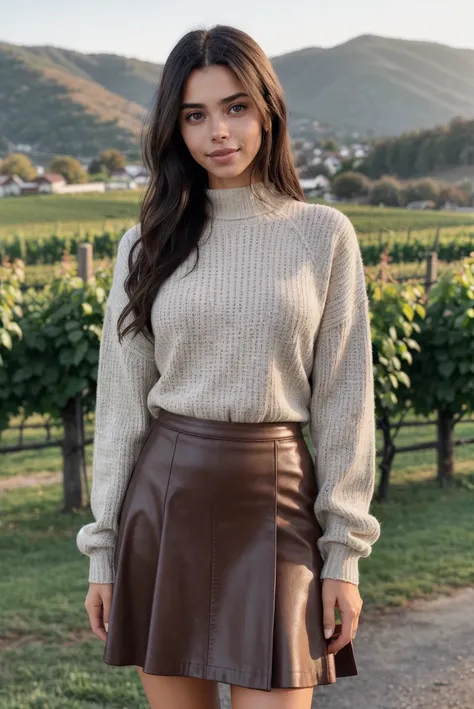 photo of  0ER0_Darla_Claire, full body photo, wearing a sweater and a skirt, modest, classy attire, hilly vineyard location, high quality, (film grain, ISO, bokeh), f/1.8