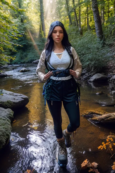 DEN_coralinne_SG,
(walking by a river in a rich atmospheric (woodland forest:1.2) wearing (hiking gear:1.3), (god rays:1.3), (atmospheric:1.1), scenic:1.2),
bokeh, f1.4, 40mm, photorealistic, raw, 8k, textured skin, skin pores, intricate details  <lora:epi...